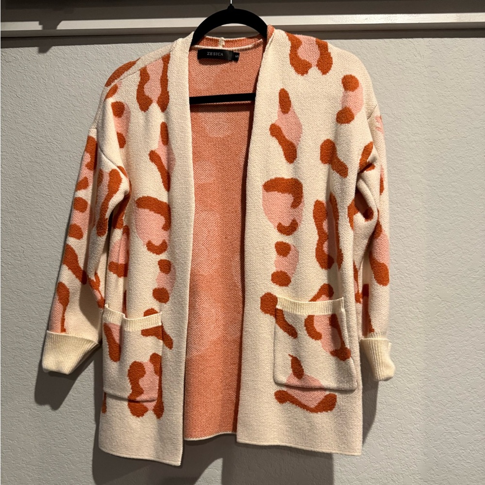 Cream and Orange Leopard Print Cardigan